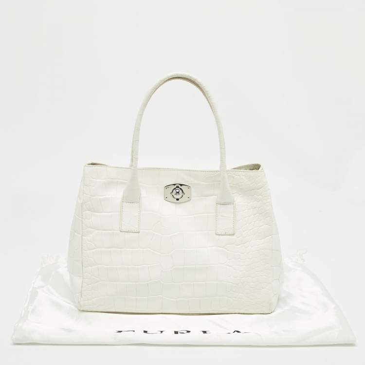 Pre Owned Furla White Croc Embossed Leather Turnlock Tote