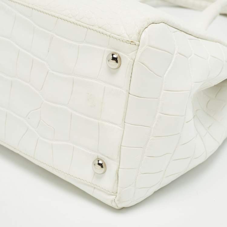 Pre Owned Furla White Croc Embossed Leather Turnlock Tote