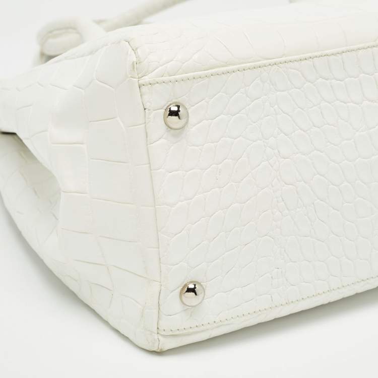 Pre Owned Furla White Croc Embossed Leather Turnlock Tote