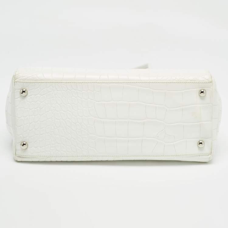 Pre Owned Furla White Croc Embossed Leather Turnlock Tote