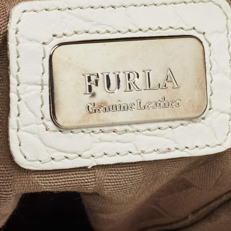 Pre Owned Furla White Croc Embossed Leather Turnlock Tote