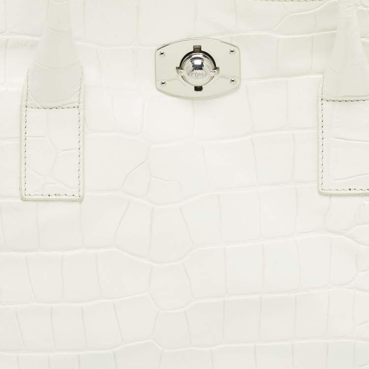 Pre Owned Furla White Croc Embossed Leather Turnlock Tote