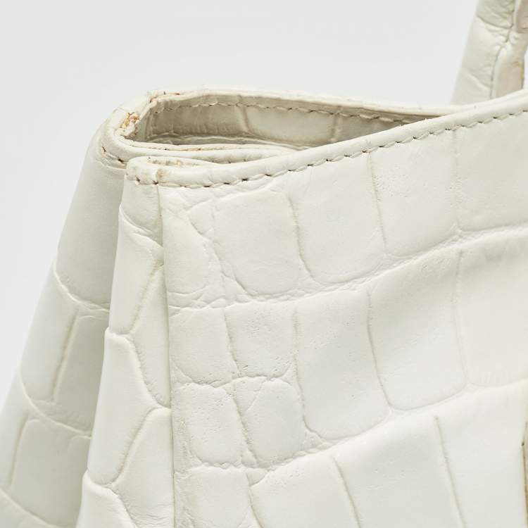 Pre Owned Furla White Croc Embossed Leather Turnlock Tote