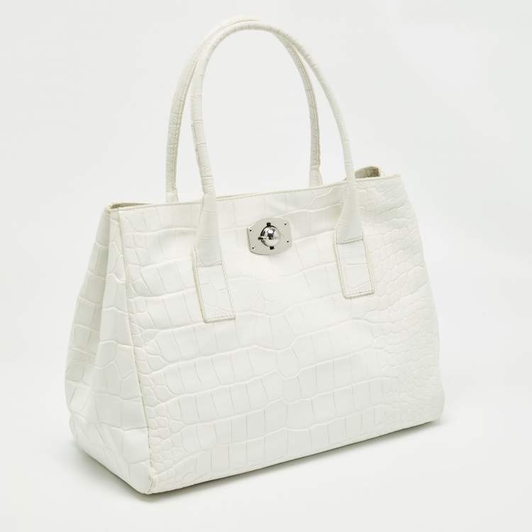 Pre Owned Furla White Croc Embossed Leather Turnlock Tote