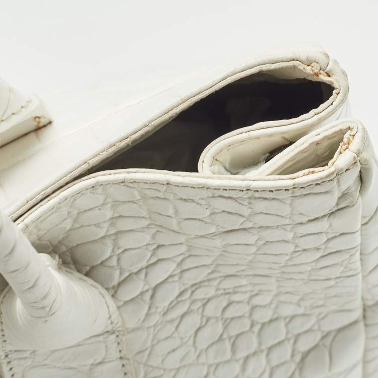 Pre Owned Furla White Croc Embossed Leather Turnlock Tote