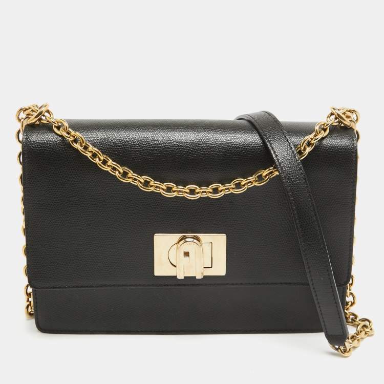 Pre Owned Furla Black Leather 1927 Flap Shoulder Bag