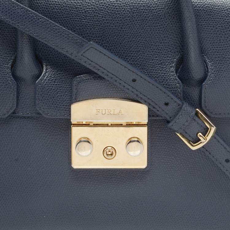 Pre Owned Furla Navy Blue Leather Small Metropolis Tote