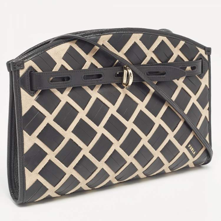 Pre Owned Furla Black/Beige Leather and Suede Woven Margherita Shoulder Bag
