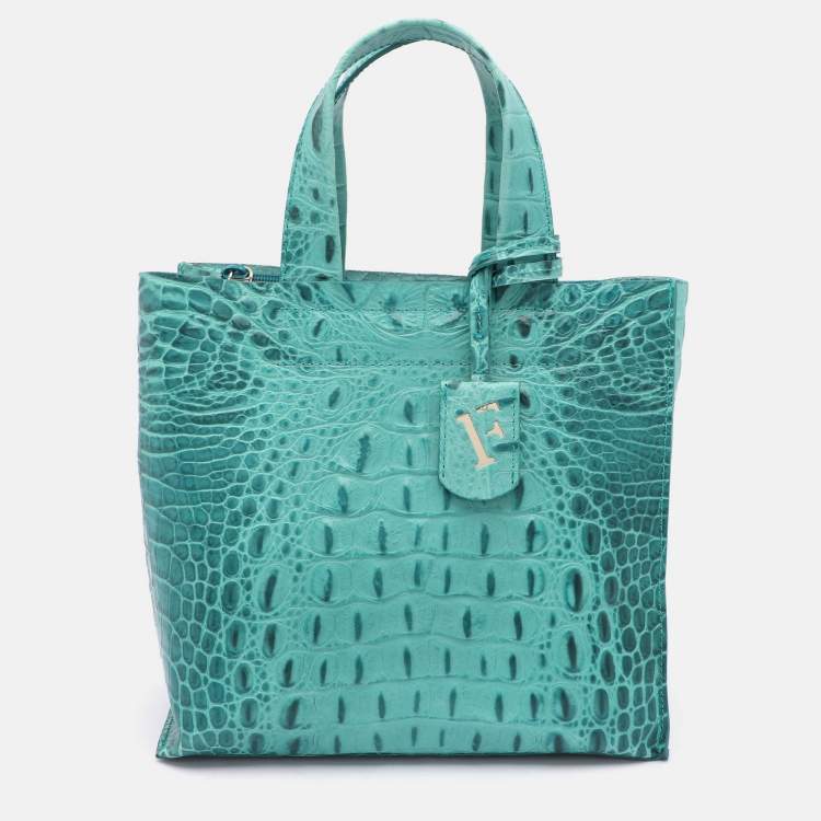 Pre Owned Furla Turquoise Croc Embossed Leather Divide It Tote