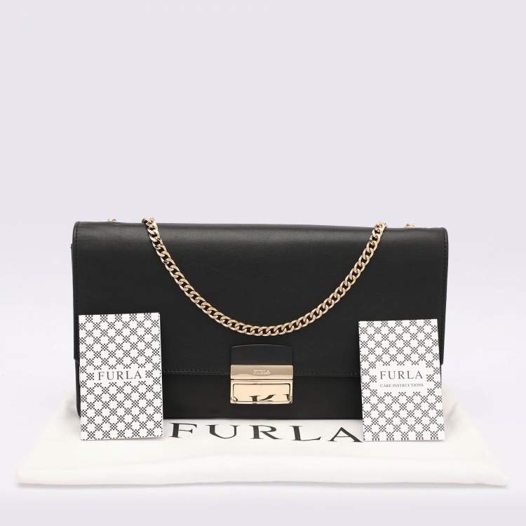 Pre Owned Furla Black Leather Push Lock Flap Crossbody Bag