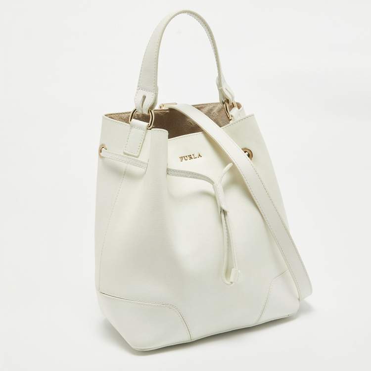 Pre Owned Furla White Leather Stacy Drawstring Bucket Bag