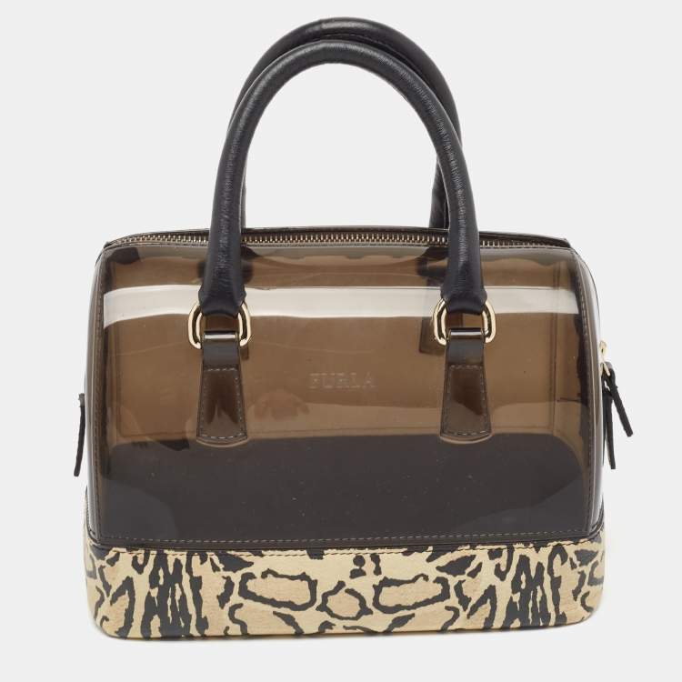Pre Owned Furla Black/Beige Leopard Print Rubber and Leather Candy Satchel