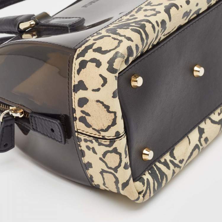 Pre Owned Furla Black/Beige Leopard Print Rubber and Leather Candy Satchel