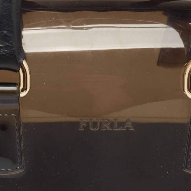 Pre Owned Furla Black/Beige Leopard Print Rubber and Leather Candy Satchel