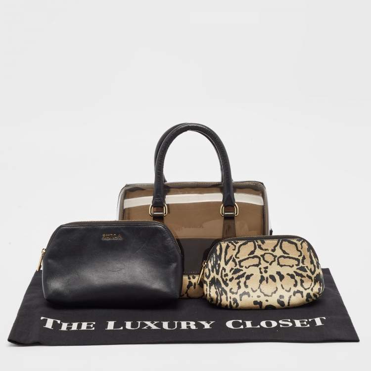 Pre Owned Furla Black/Beige Leopard Print Rubber and Leather Candy Satchel