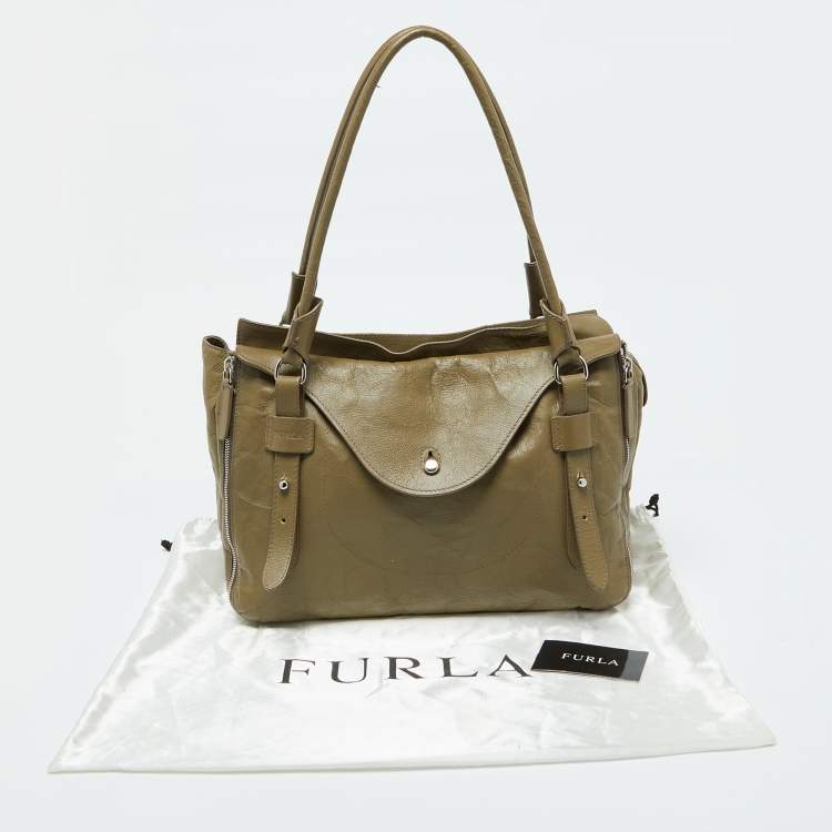 Pre Owned Furla Green Leather Top Zip Tote