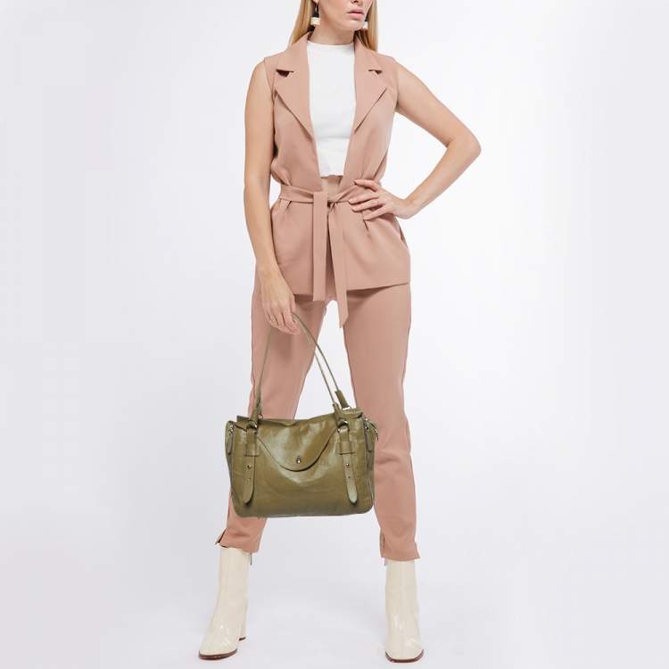 Pre Owned Furla Green Leather Top Zip Tote