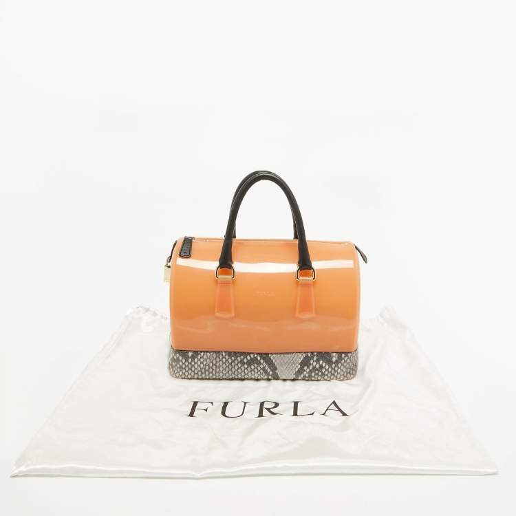 Pre Owned Furla Orange/Grey Rubber and Python Print Leather Medium Candy Satchel