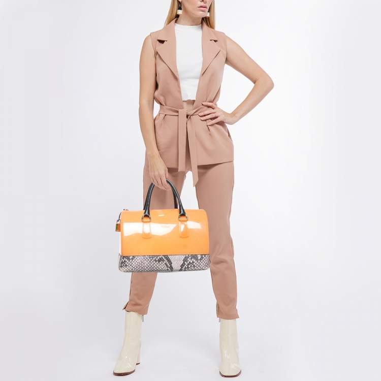 Pre Owned Furla Orange/Grey Rubber and Python Print Leather Medium Candy Satchel