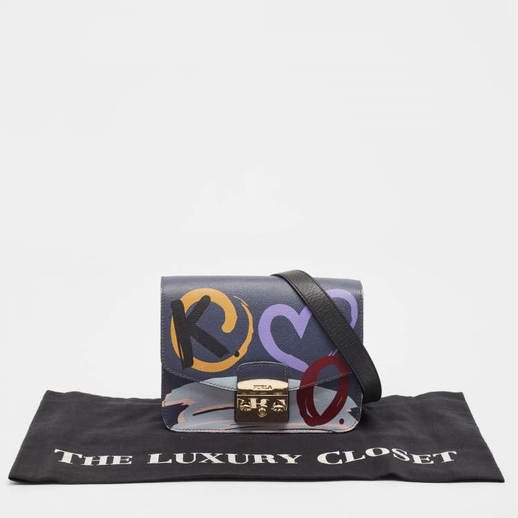 مملوكة مسبقًا Furla Dark Grey Printed Leather Metropolis Shoulder Bag