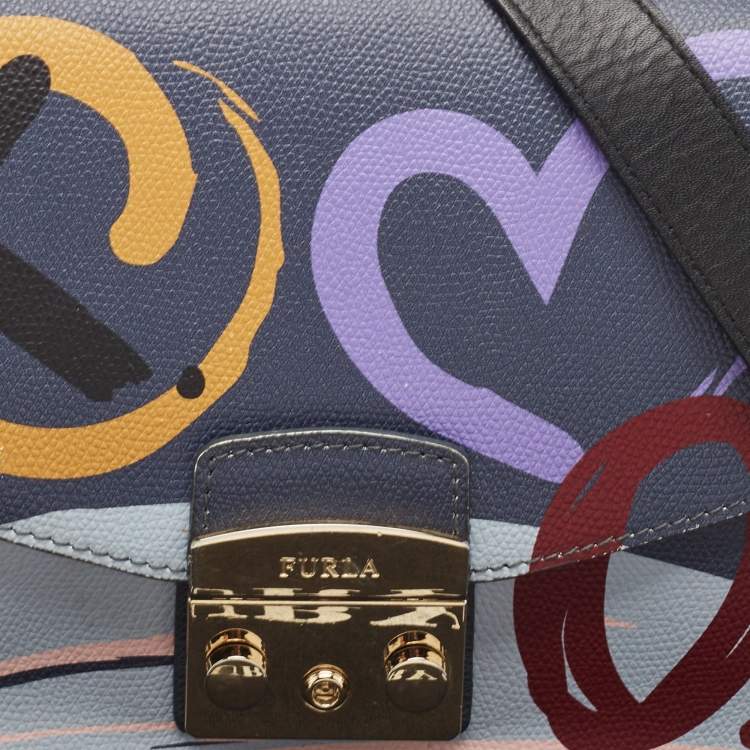 مملوكة مسبقًا Furla Dark Grey Printed Leather Metropolis Shoulder Bag