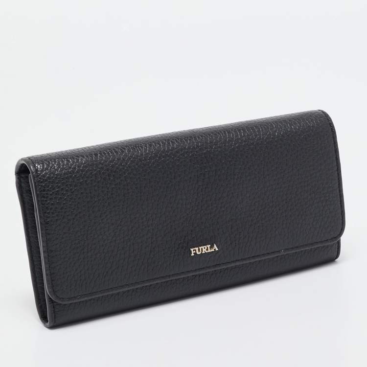 Pre Owned Furla Black Leather Logo Flap Continental Wallet