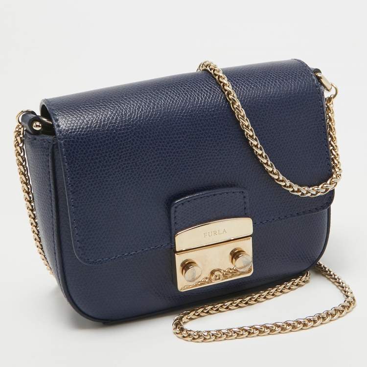 Pre Owned Furla Navy Blue Leather Mini Metropolis Chain Crossbody Bag