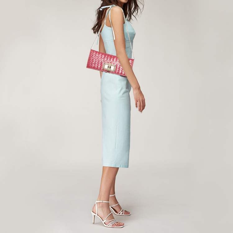 Pre Owned Furla Pink Woven Leather Turnlock Clutch