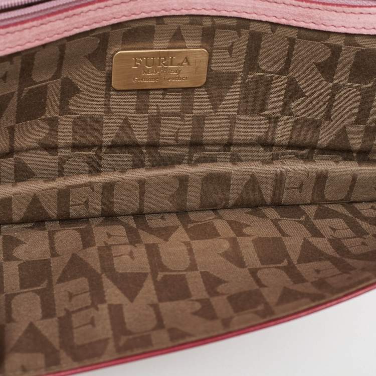 Pre Owned Furla Pink Woven Leather Turnlock Clutch