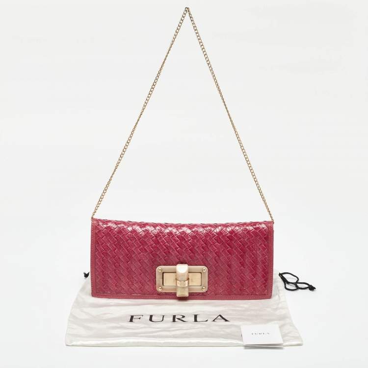 Pre Owned Furla Pink Woven Leather Turnlock Clutch