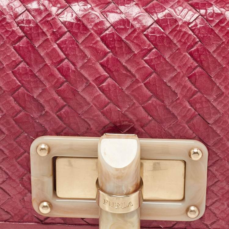 Pre Owned Furla Pink Woven Leather Turnlock Clutch