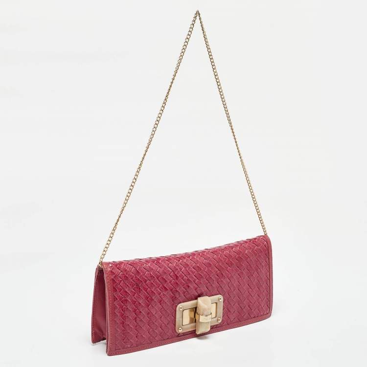 Pre Owned Furla Pink Woven Leather Turnlock Clutch