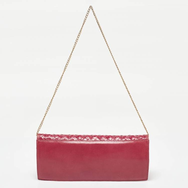 Pre Owned Furla Pink Woven Leather Turnlock Clutch