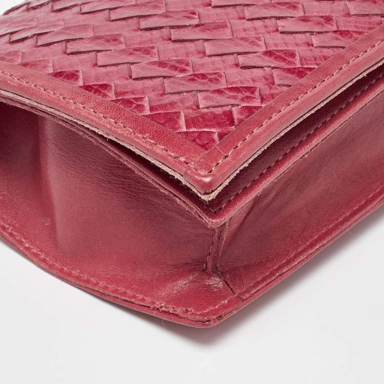 Pre Owned Furla Pink Woven Leather Turnlock Clutch
