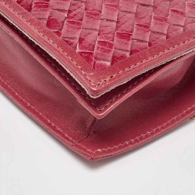 Pre Owned Furla Pink Woven Leather Turnlock Clutch