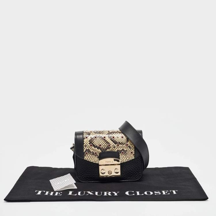 Pre Owned Furla Black/Beige Python Embossed and Leather Mni Metropolis Crossbody Bag