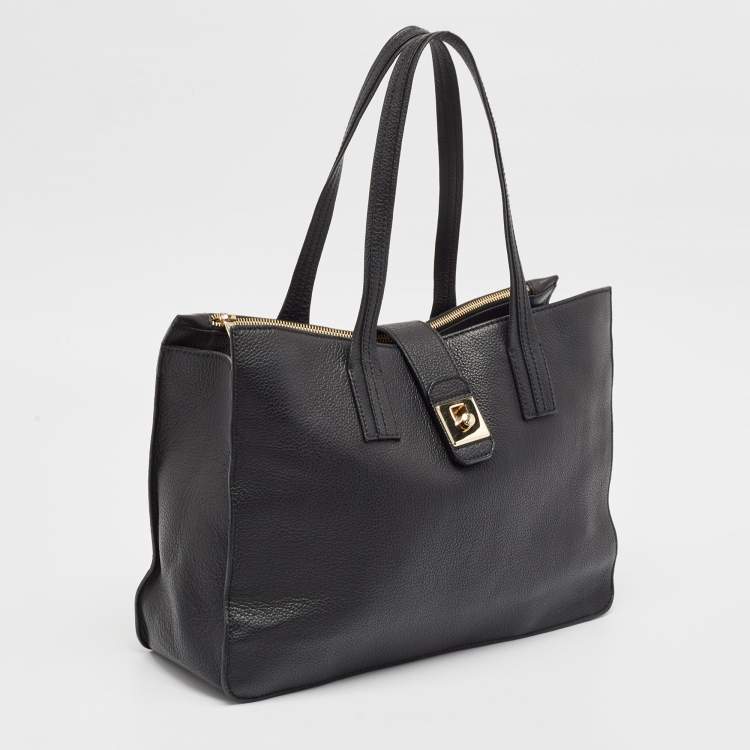Pre Owned Furla Black Leather Flap Tote