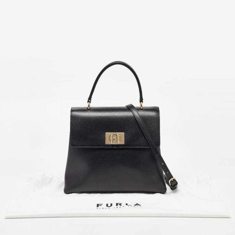 Pre Owned Furla Black Leather 1927 Flap Top Handle Bag
