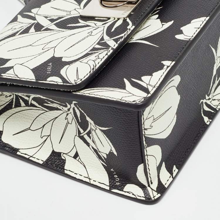 Pre Owned Furla Black/White Leather Floral Print 1927 Mini Crossbody Bag
