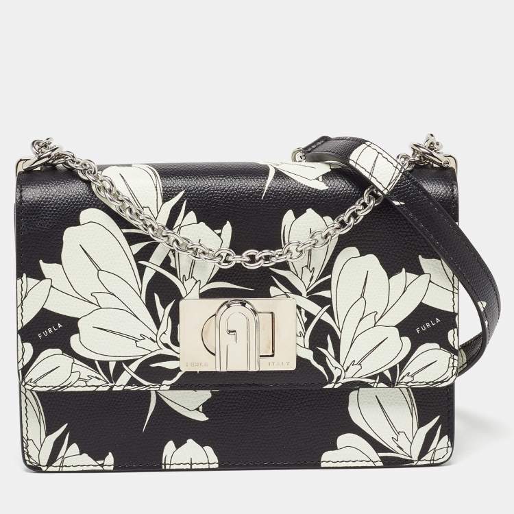 Pre Owned Furla Black/White Leather Floral Print 1927 Mini Crossbody Bag