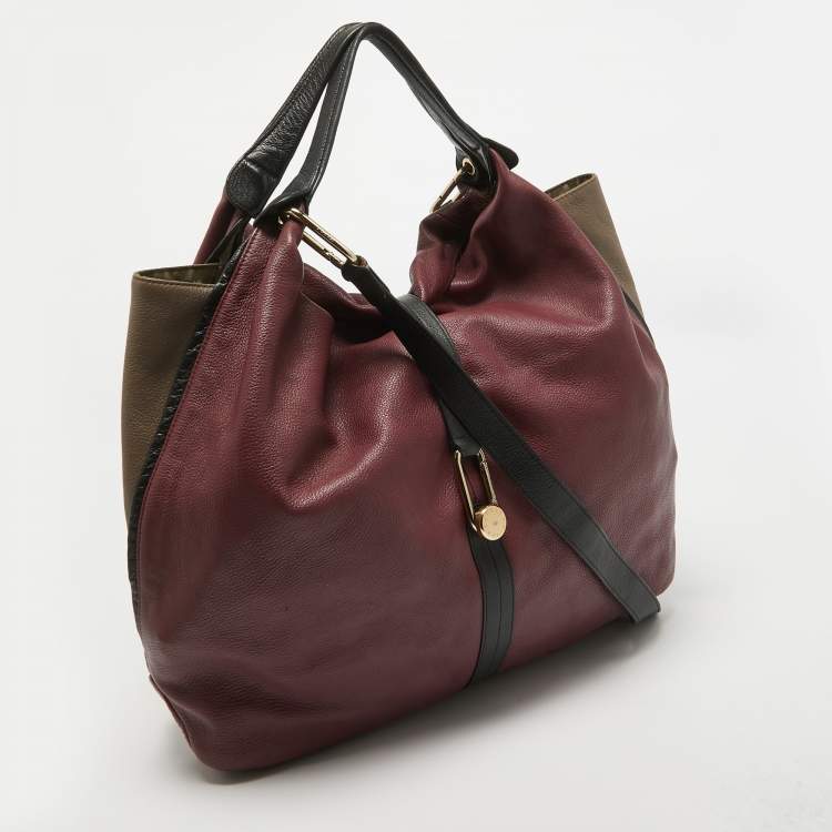 Pre Owned Furla Burgundy/Beige Leather Clasp Shoulder Bag