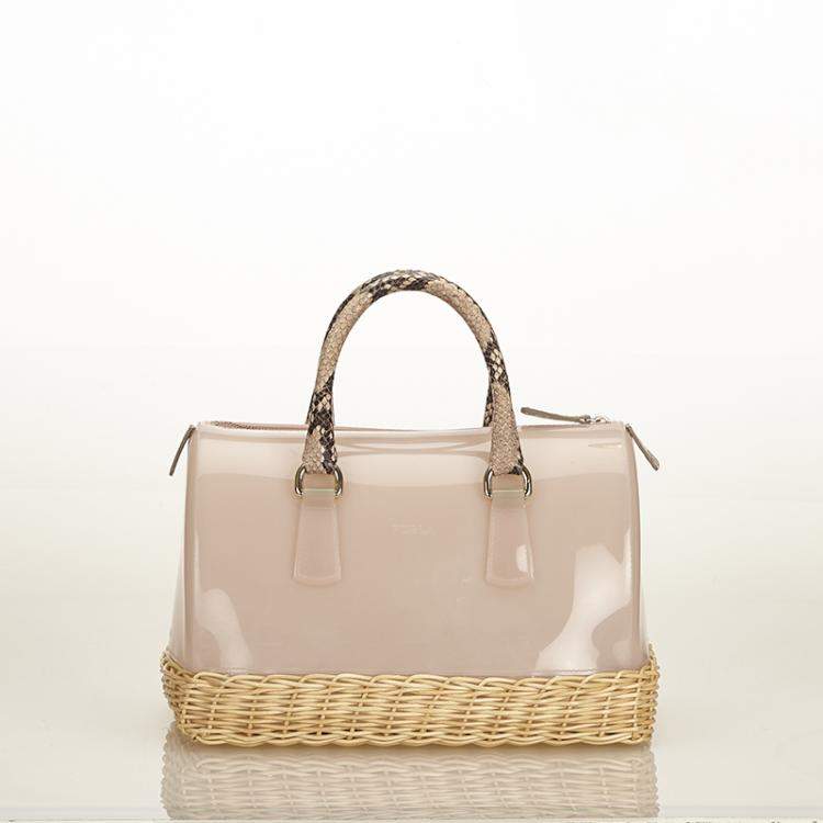Pre Owned Furla Pink Glossy Rubber/Straw Candy Satchel Bag