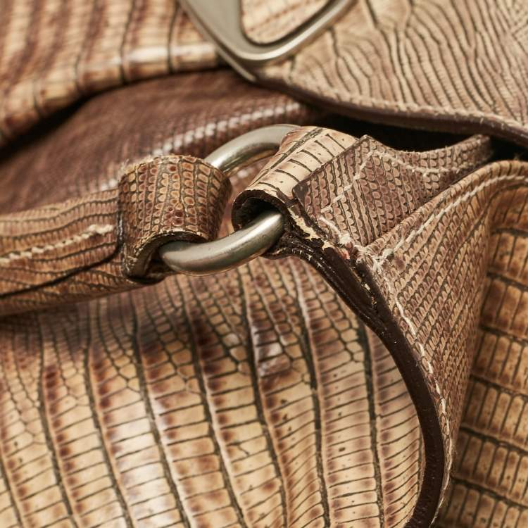 Pre Owned Furla Beige Lizard Embossed Leather Metal Lock Hobo