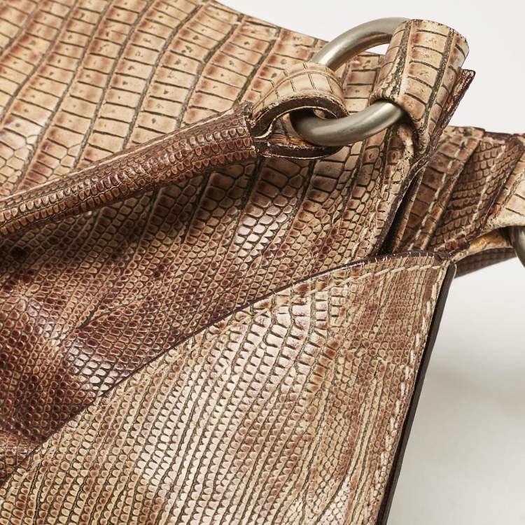 Pre Owned Furla Beige Lizard Embossed Leather Metal Lock Hobo