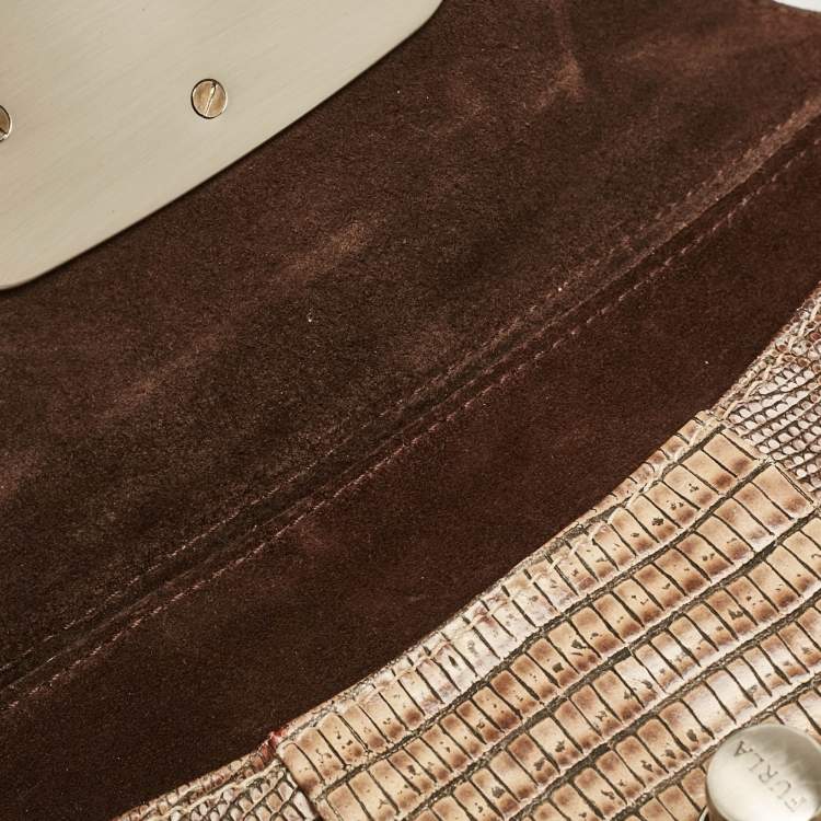 Pre Owned Furla Beige Lizard Embossed Leather Metal Lock Hobo
