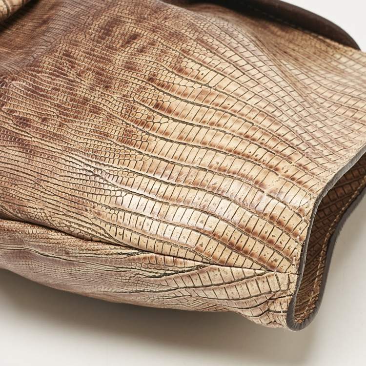 Pre Owned Furla Beige Lizard Embossed Leather Metal Lock Hobo