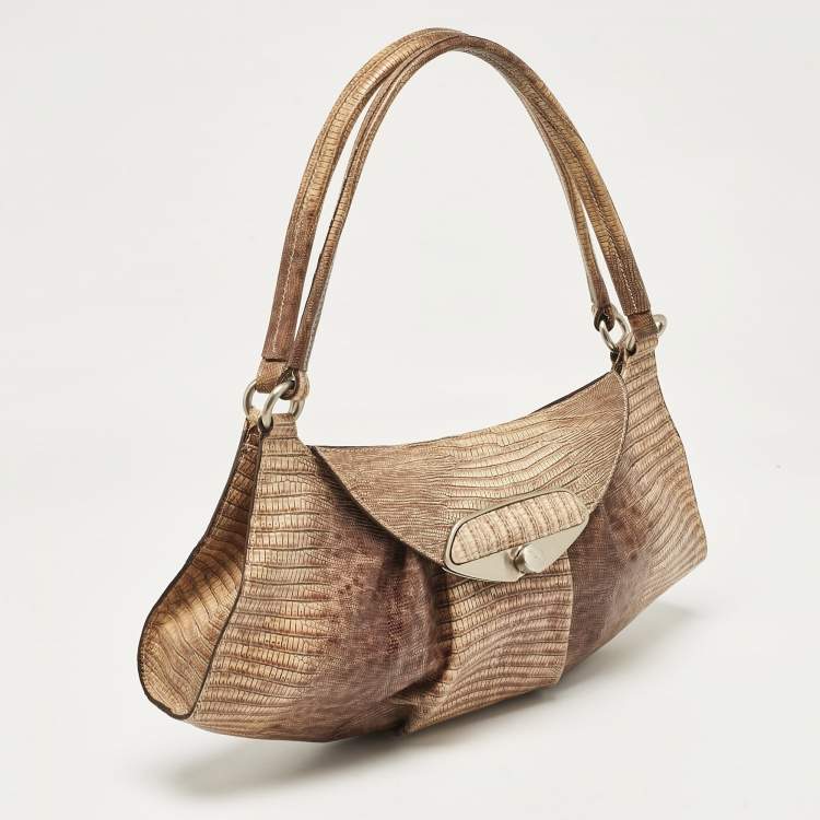 Pre Owned Furla Beige Lizard Embossed Leather Metal Lock Hobo