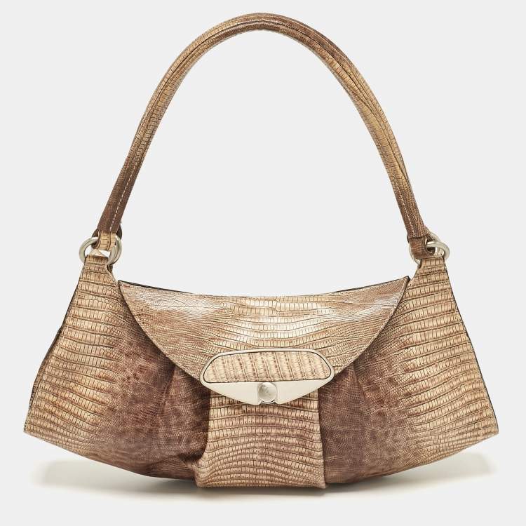 Pre Owned Furla Beige Lizard Embossed Leather Metal Lock Hobo