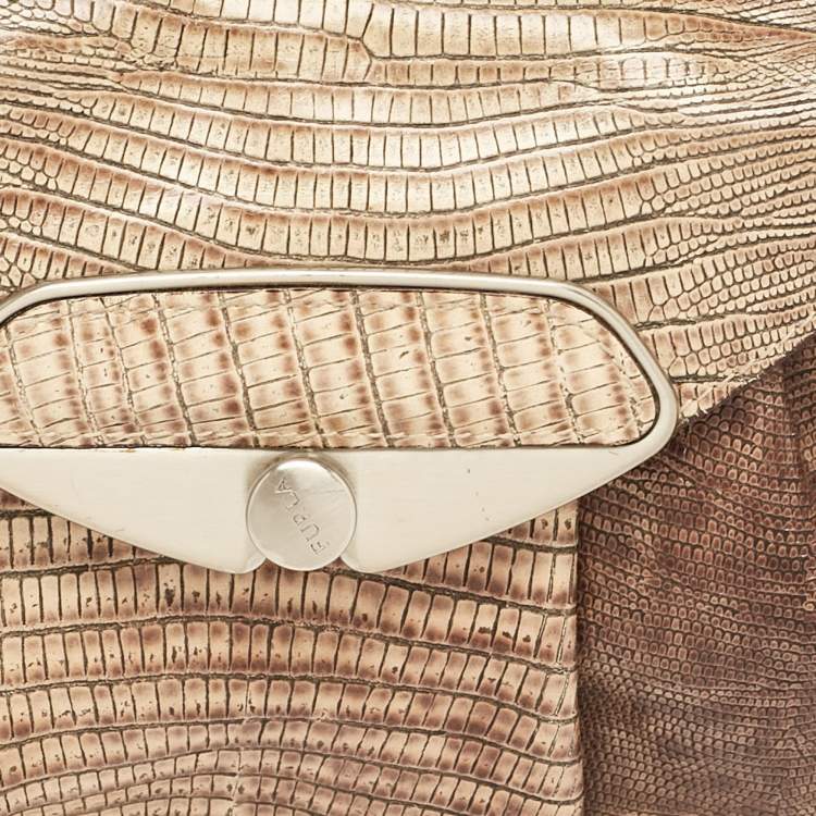 Pre Owned Furla Beige Lizard Embossed Leather Metal Lock Hobo