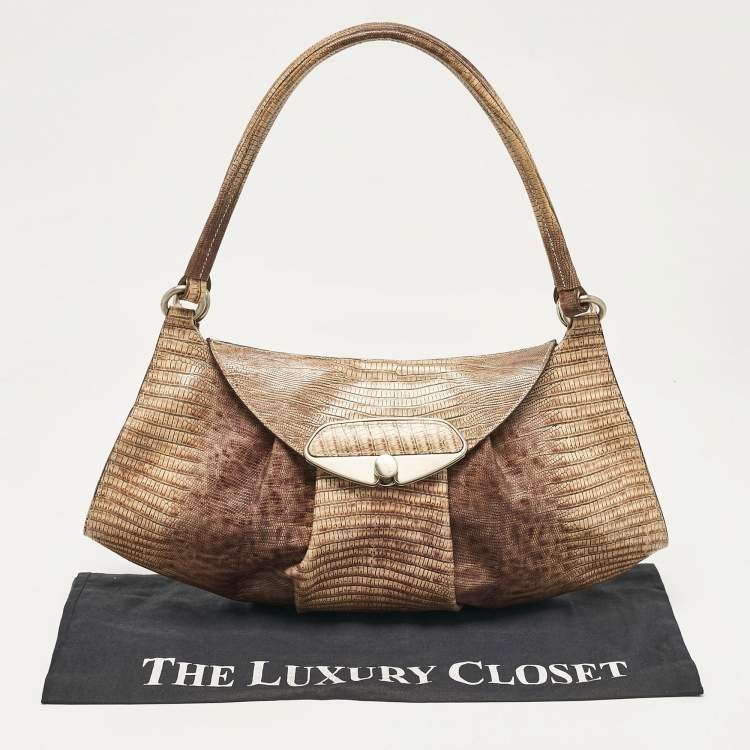 Pre Owned Furla Beige Lizard Embossed Leather Metal Lock Hobo